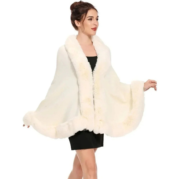 Zlyc Women Winter Faux Fur Shawl Stole Warm Wrap Cape - Beige - Picture 3 of 8
